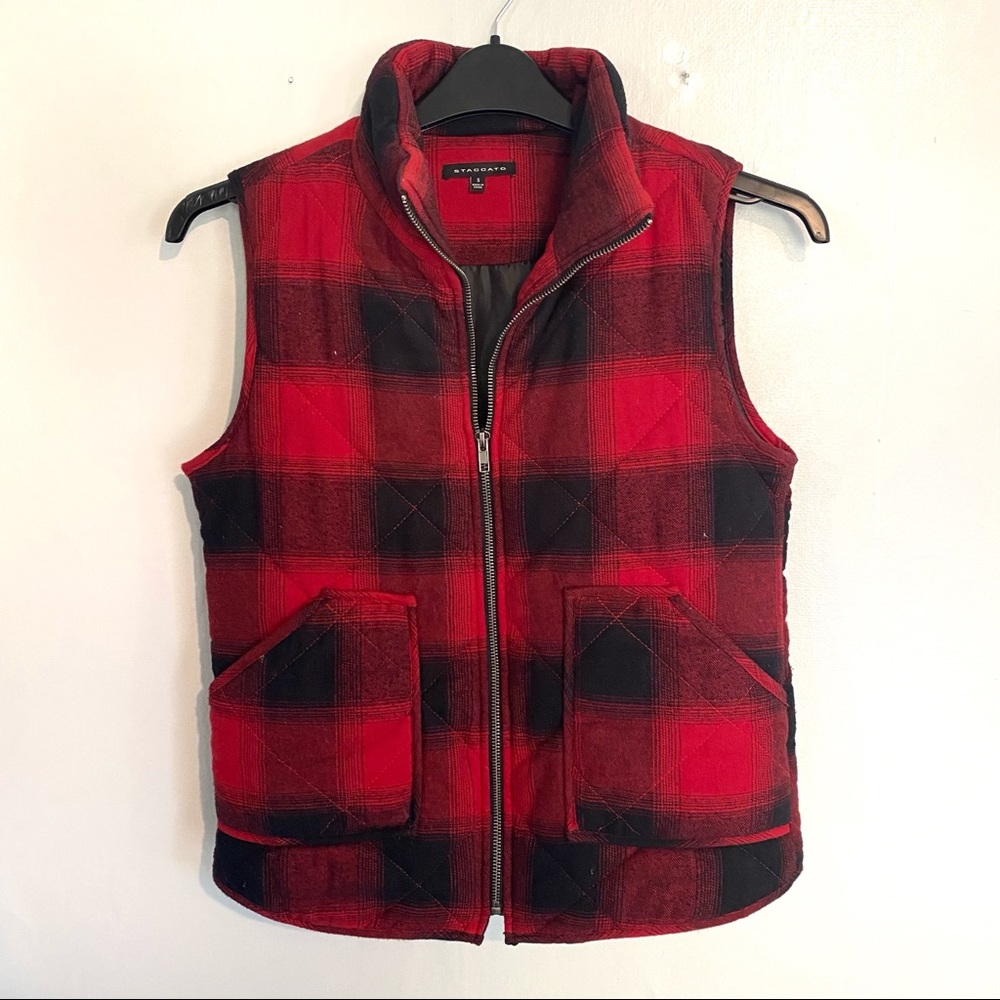 staccato red black buffalo plaid vest